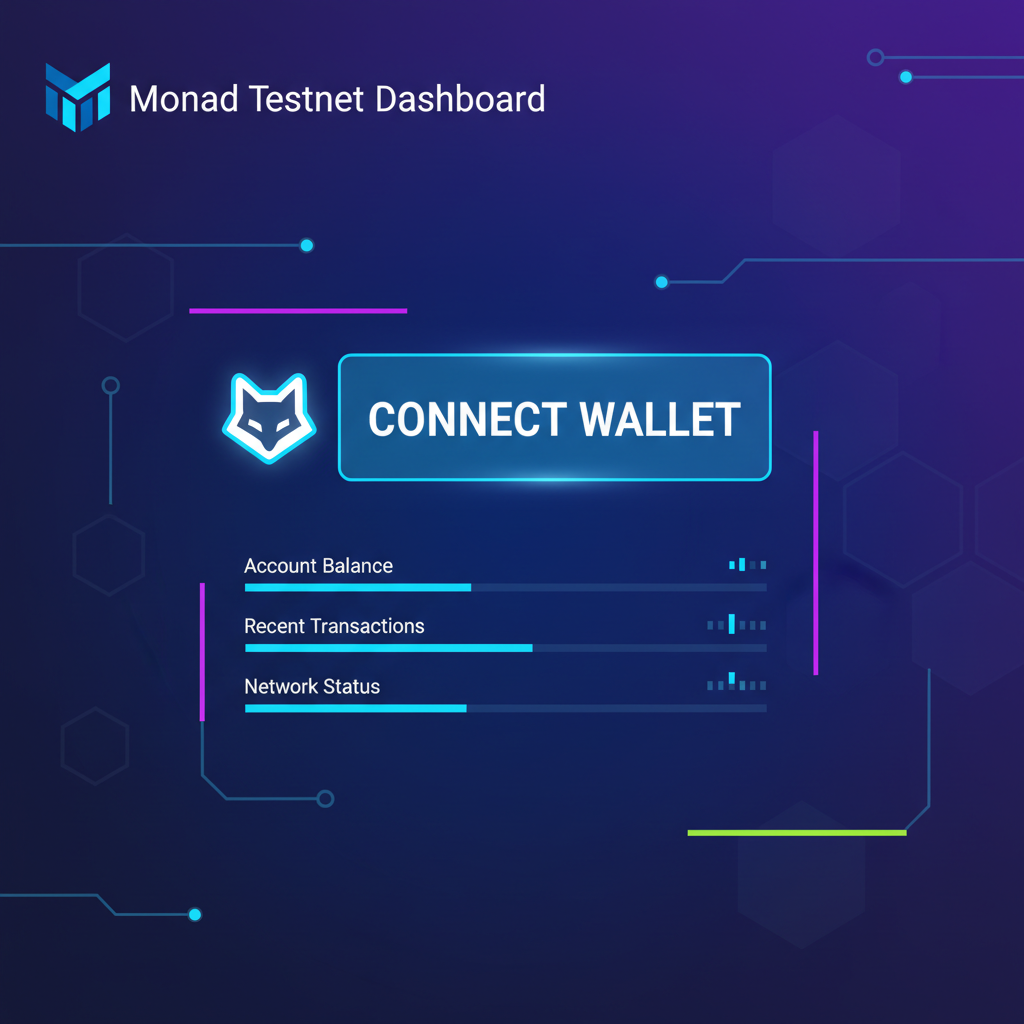futuristic Monad testnet dashboard with glowing connect wallet button, MetaMask icon, neon blue UI