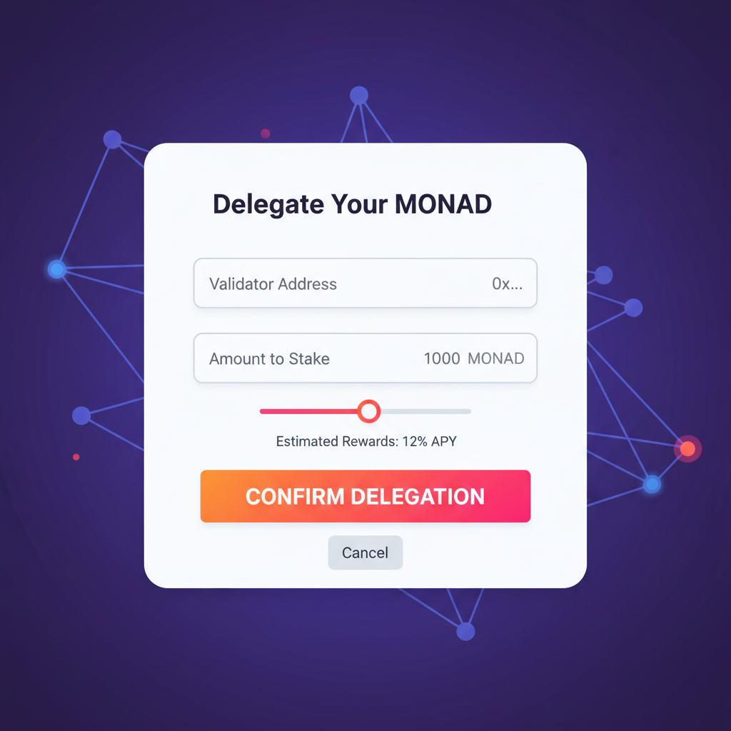 Staking dApp interface showing delegation form and confirm button, Monad EVM style