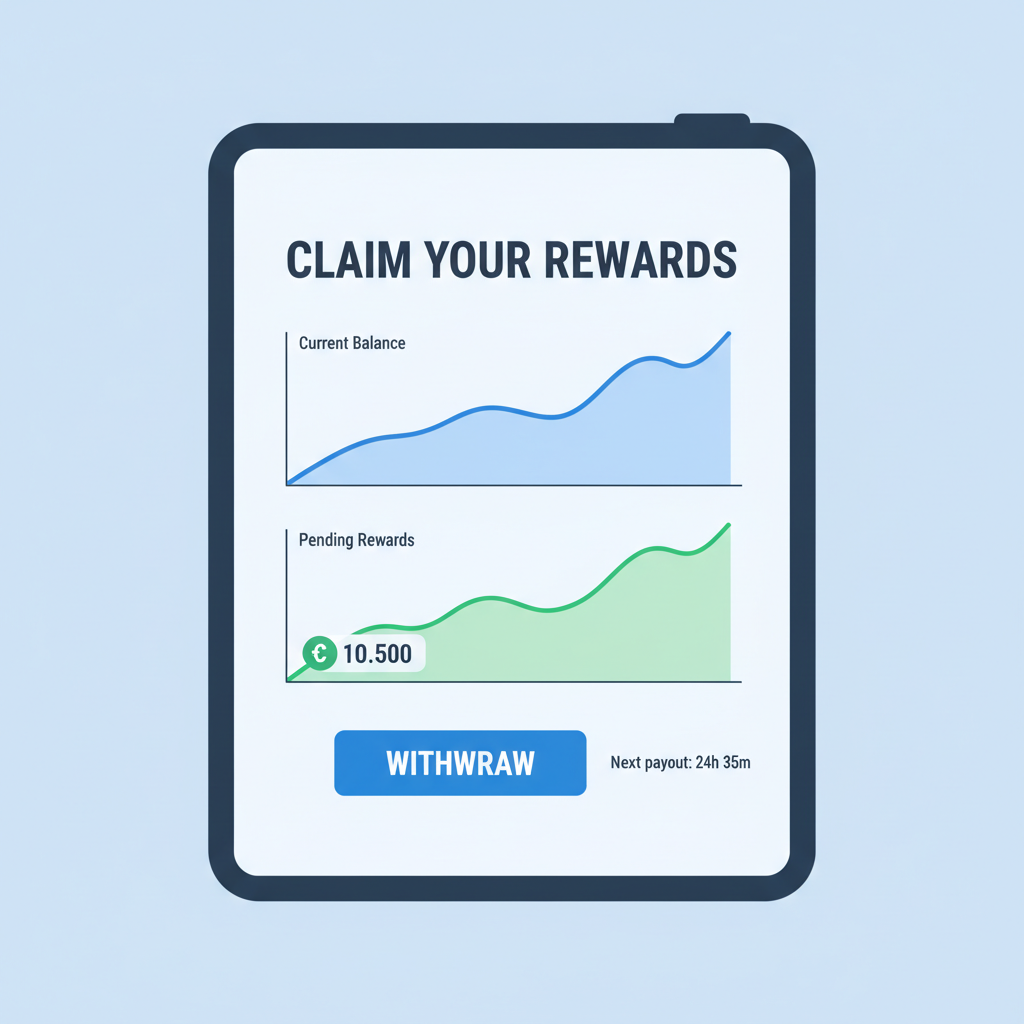 Rewards claiming interface with balance graphs and withdraw button, blockchain analytics screen