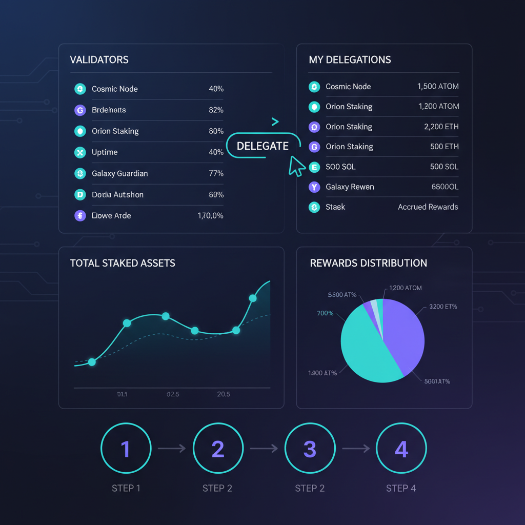 clean staking dashboard interface listing validators and delegations, high-tech charts, dark mode