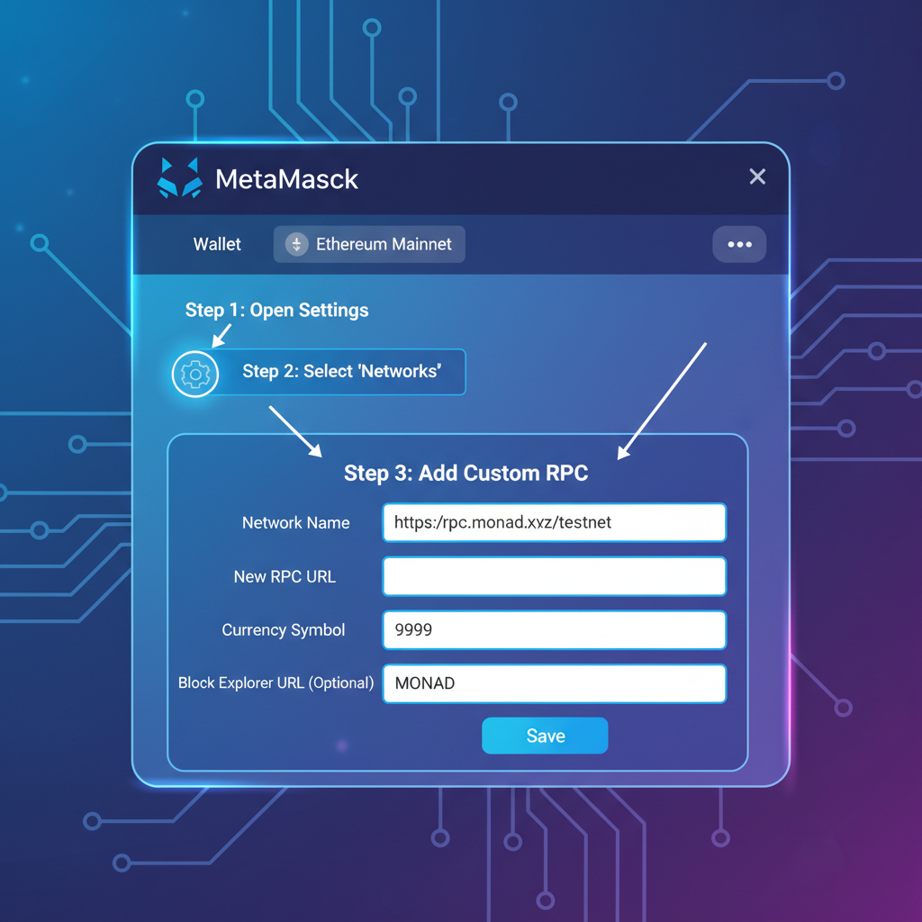 MetaMask wallet adding custom Monad testnet RPC, clean futuristic UI screenshot style
