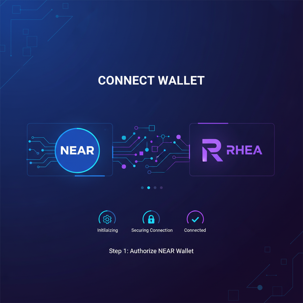 sleek NEAR wallet connection interface on RHEA Finance dApp, futuristic UI, neon blues and purples, blockchain nodes connecting