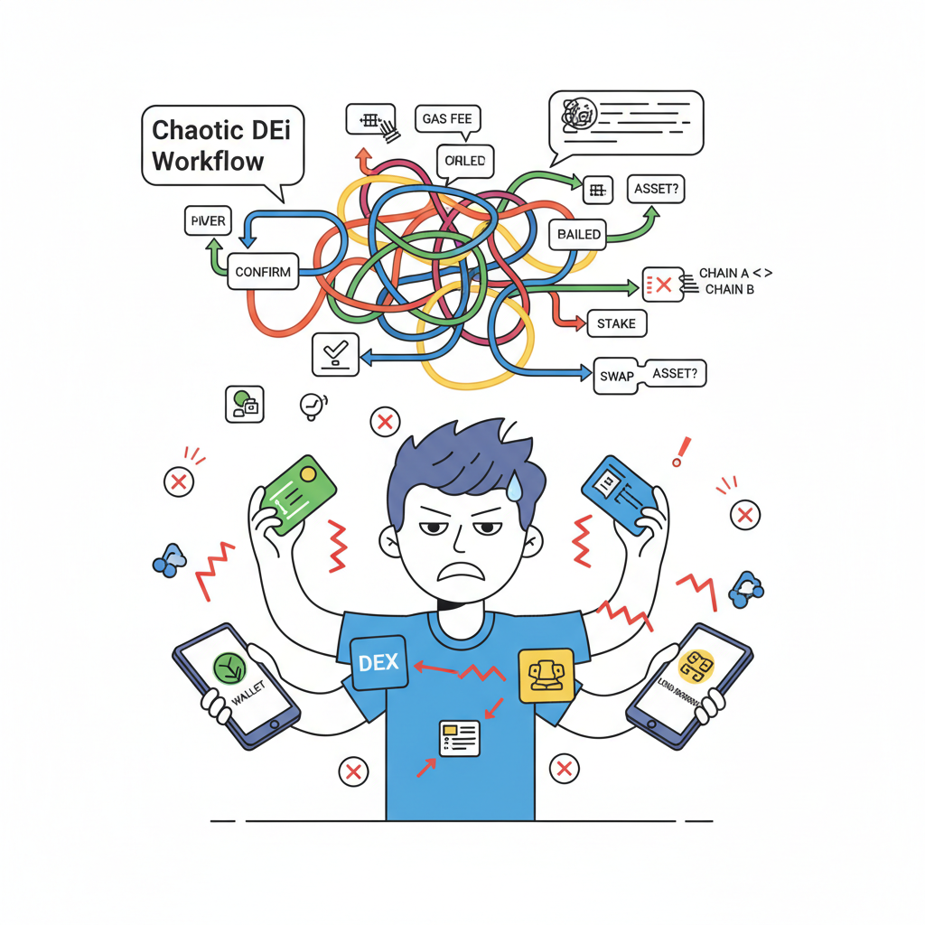 frustrated user juggling multiple blockchain apps, bridges failing, red error icons, chaotic DeFi workflow diagram