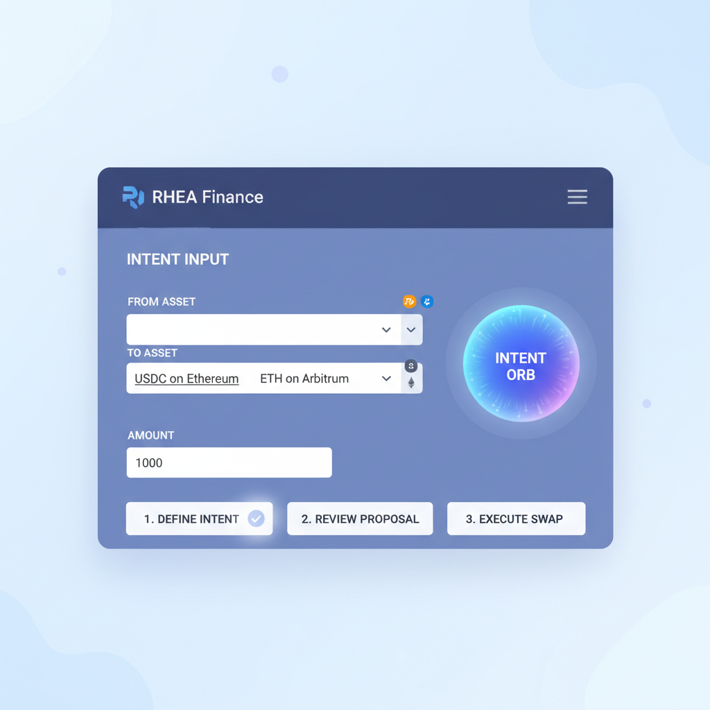 clean intent input form on RHEA Finance, user typing swap parameters, glowing intent orb, multi-chain icons