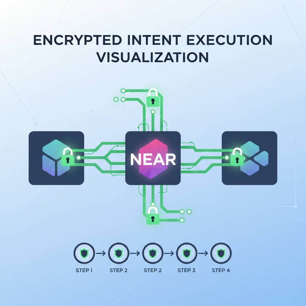 encrypted intent execution visualization, shielded data streams across blockchains, secure green locks, NEAR logo