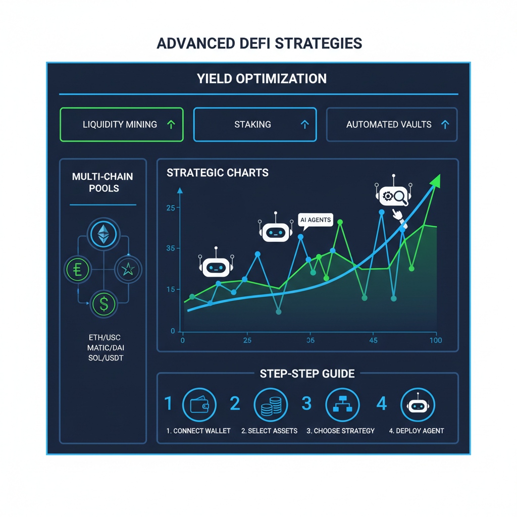 advanced DeFi dashboard with yield strategies, multi-chain liquidity pools, AI agent icons, strategic charts