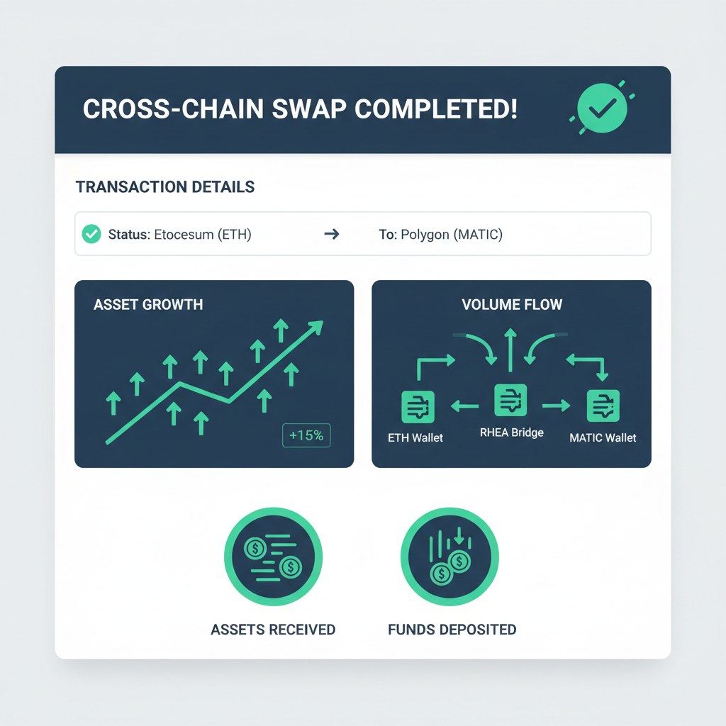 success dashboard on RHEA Finance showing completed cross-chain swap, charts with green up arrows, assets flowing in
