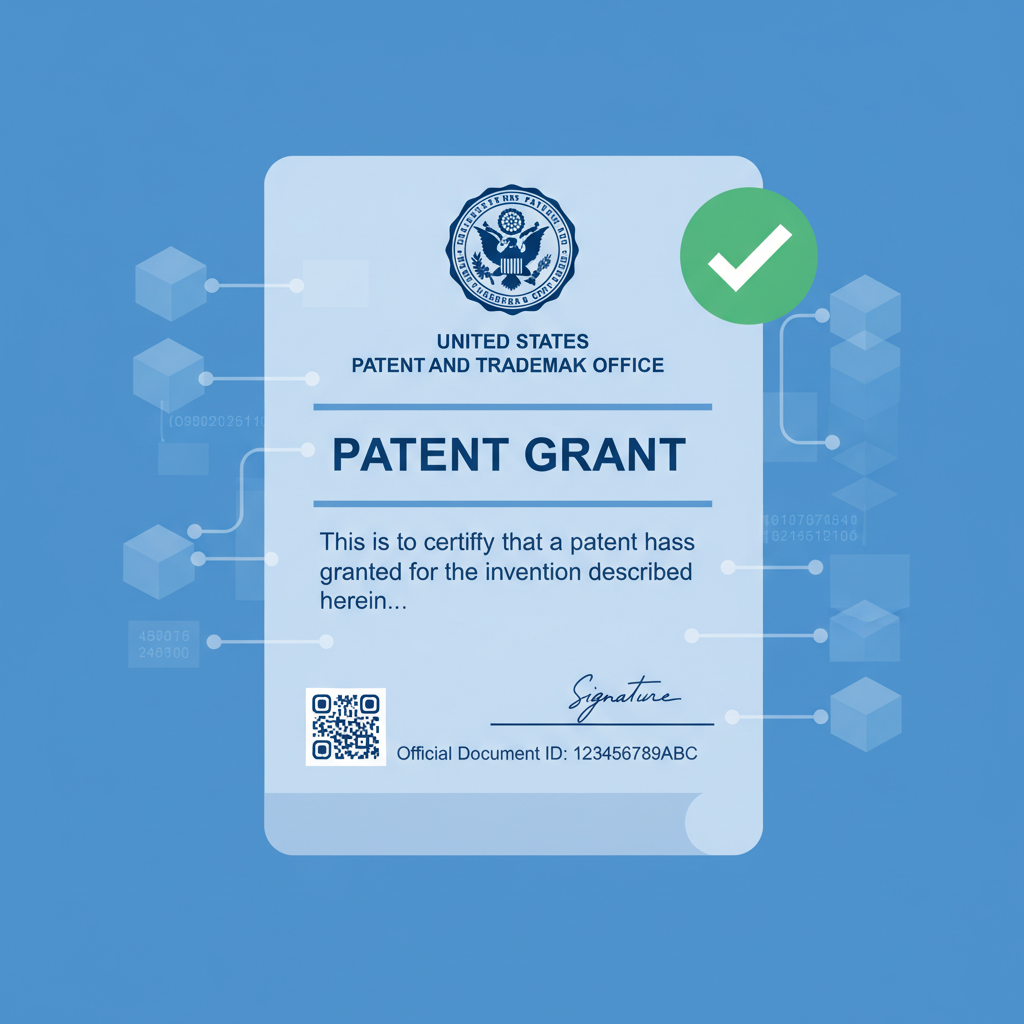 official USPTO patent document with green verification checkmark and subtle blockchain links, professional blue tones