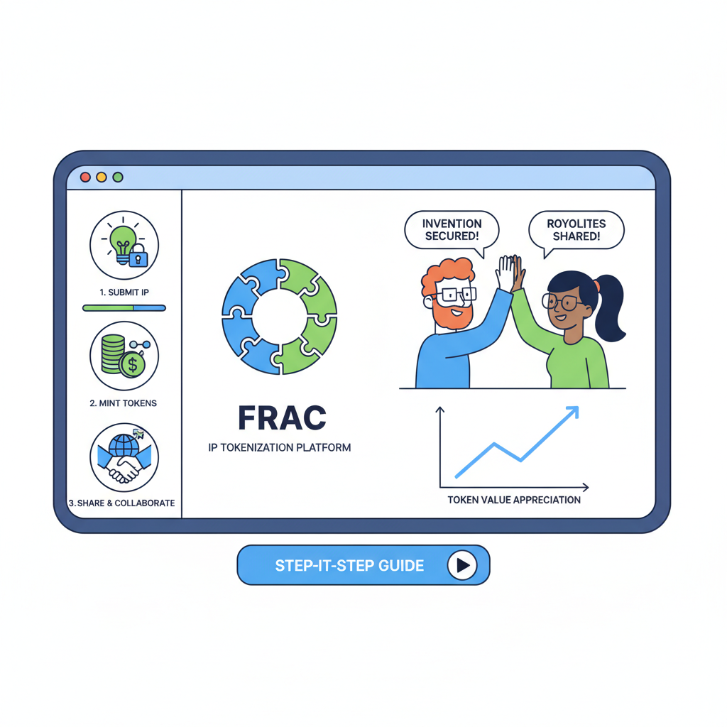 modern blockchain dashboard showing Frac platform for IP tokenization, inventors high-fiving