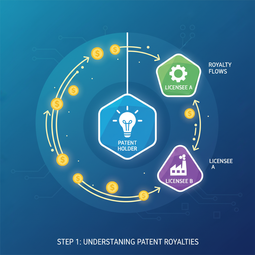 patent pie chart fractioned into glowing tokens with royalty dollar flows, vibrant financial illustration