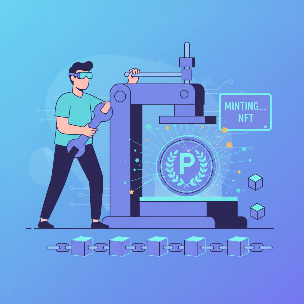 inventor minting shiny patent NFT on blockchain press, sparks and digital glow