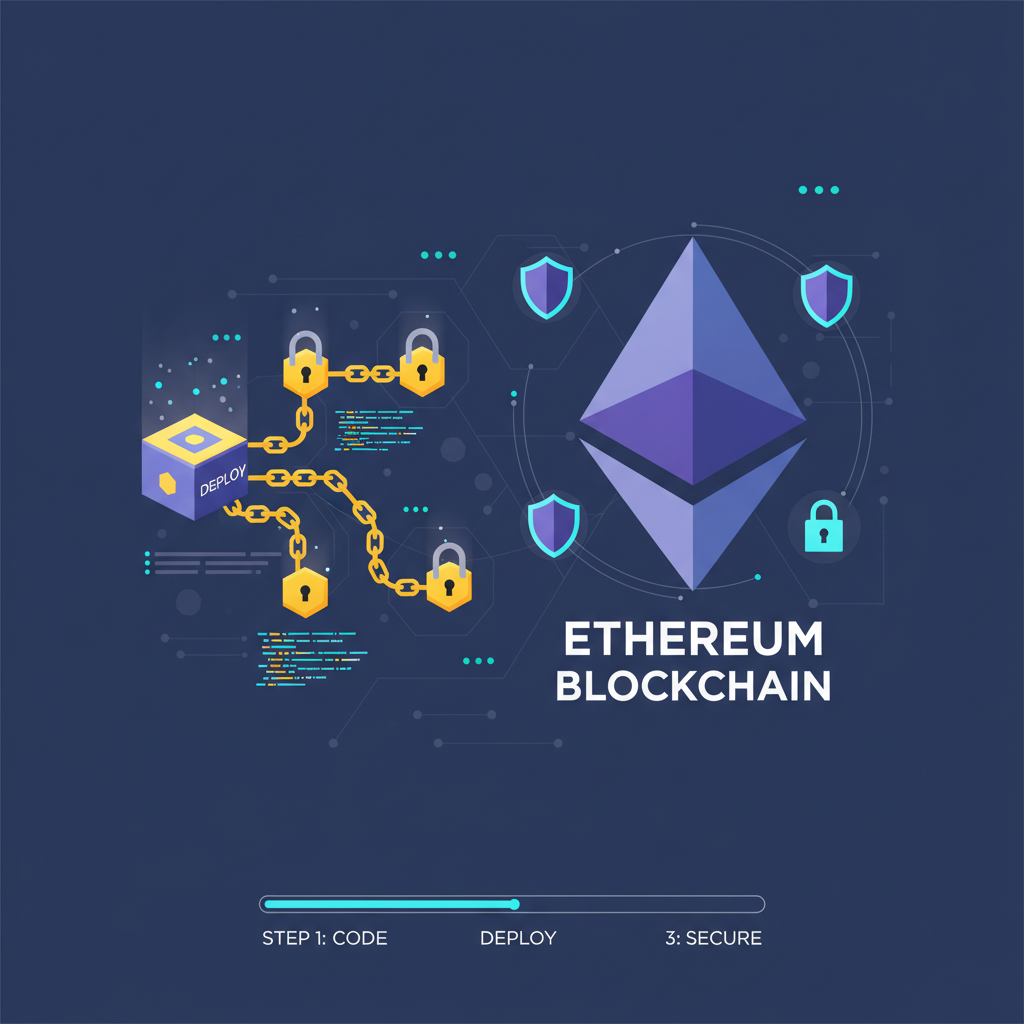 smart contract code deploying as golden locks on Ethereum blockchain, secure futuristic style