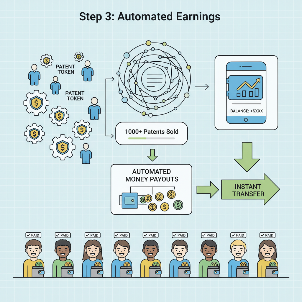 bustling digital marketplace with patent tokens selling, automated money payouts to holders