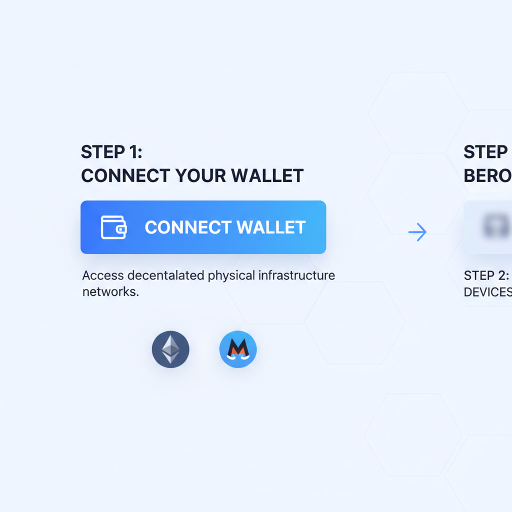 sleek web interface showing wallet connect button for crypto DePIN marketplace, modern UI, blue tones