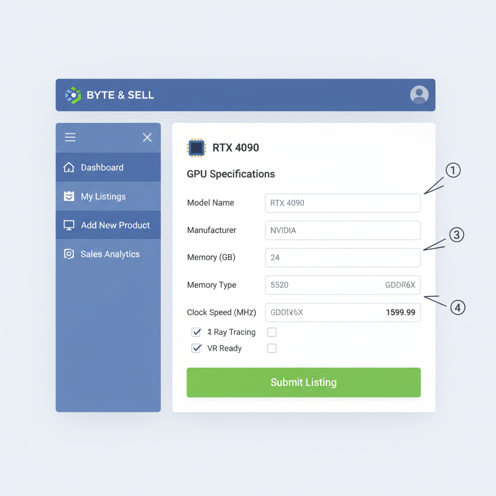 form filling GPU specs on marketplace dashboard, RTX 4090 details, professional interface