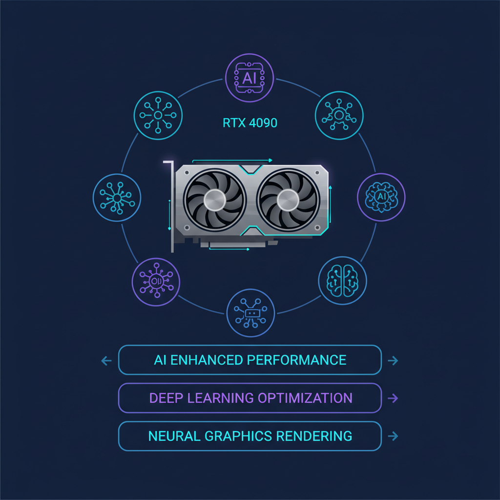 AI neural network icons around RTX 4090 listing, optimized tags, futuristic glow