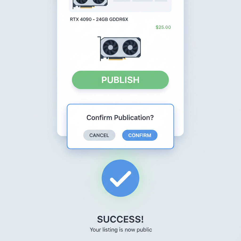 publish button on GPU marketplace, confirmation screen, success checkmark