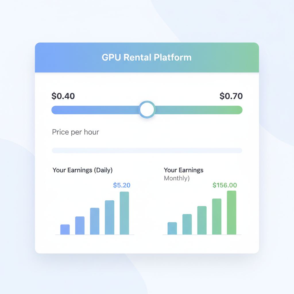 pricing slider on GPU rental platform, $0.40 to $0.70 per hour range, charts showing earnings