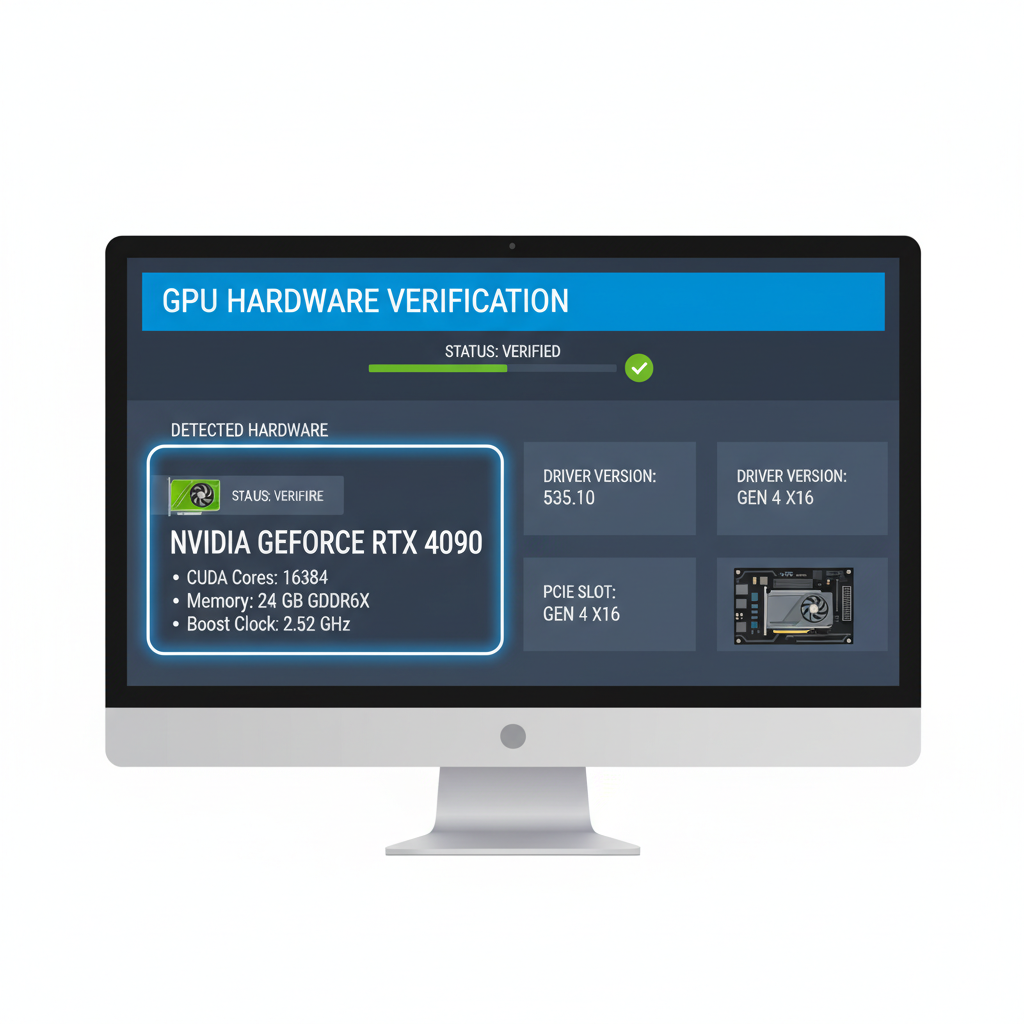 computer screen displaying GPU hardware verification process, RTX 4090 specs highlighted, tech dashboard
