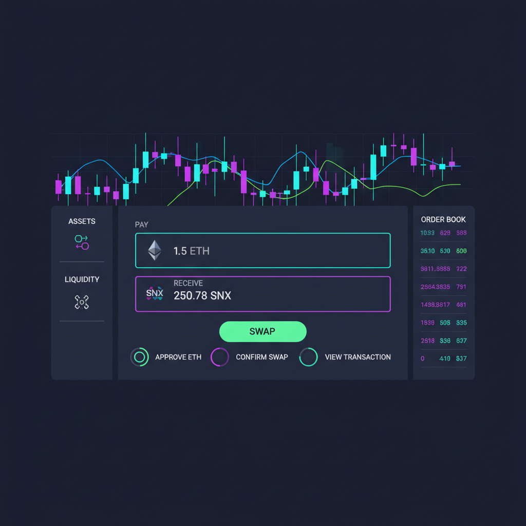 futuristic DEX interface buying SNX tokens with ETH, neon charts glowing