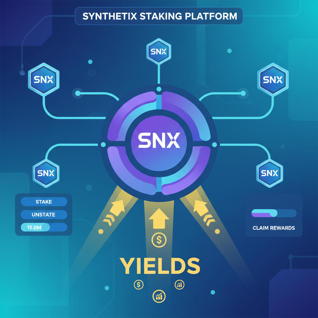 vibrant staking pool interface with SNX tokens flowing in, golden yields glowing