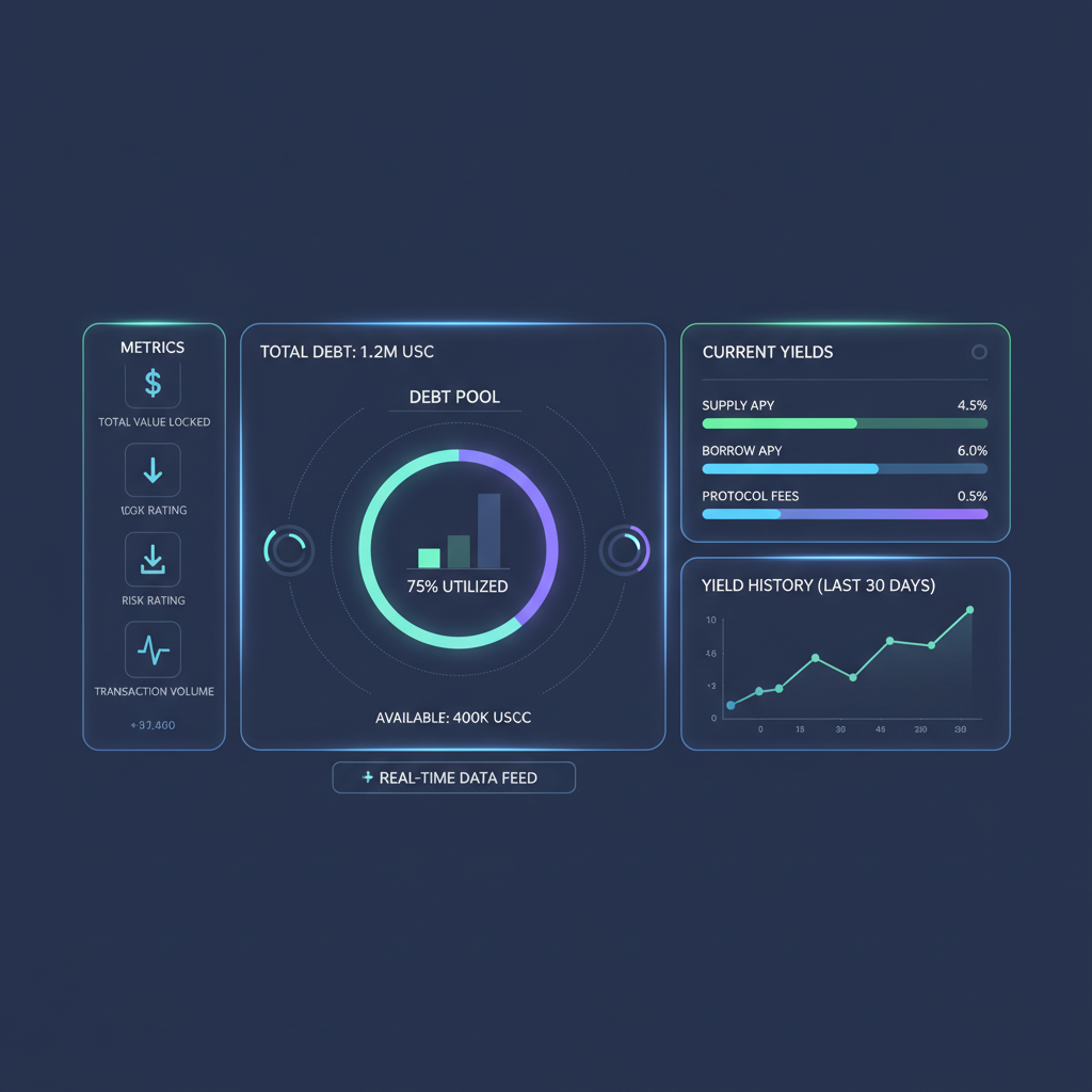 dashboard monitoring debt pool and yields, crypto metrics pulsing