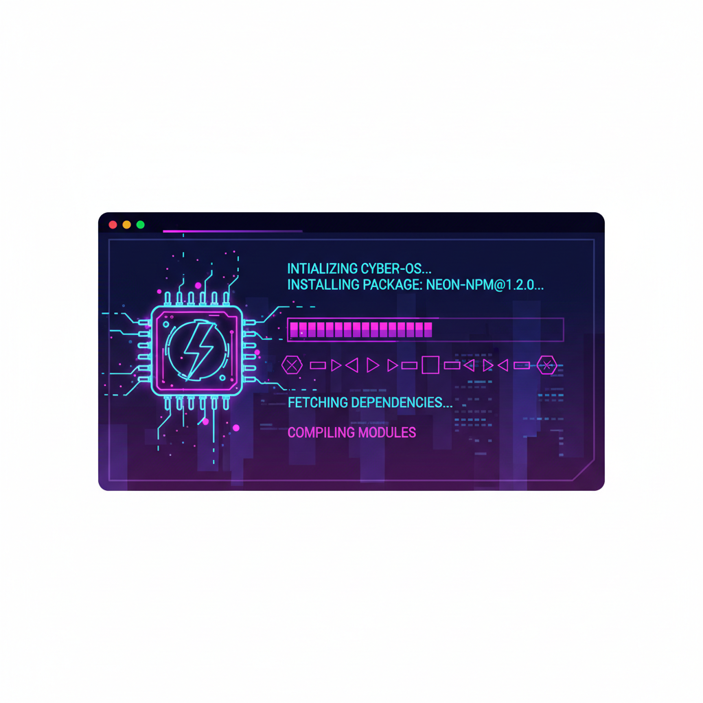 Developer terminal installing npm package, bold futuristic UI, cyberpunk neon glow, aggressive energy