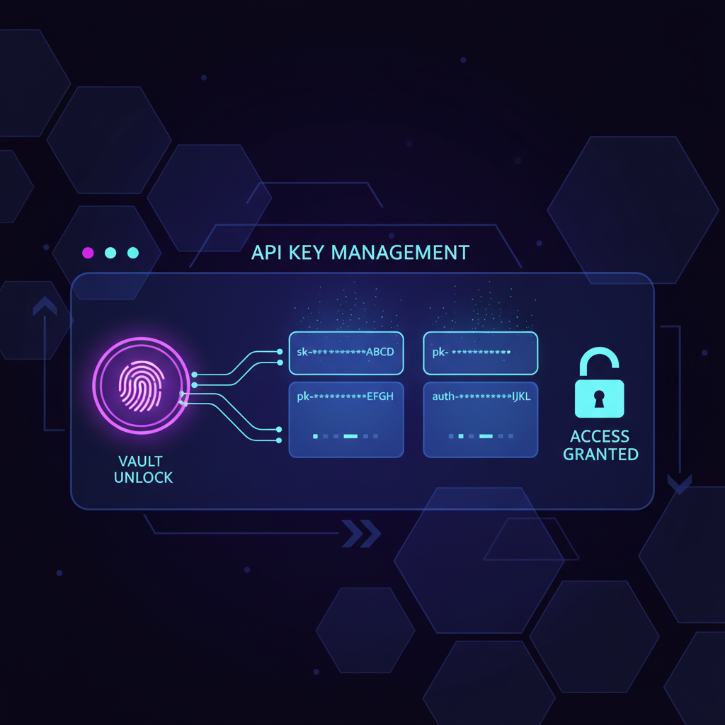 API key dashboard on dark mode, glowing keys, high-tech vault unlocking, dramatic lighting