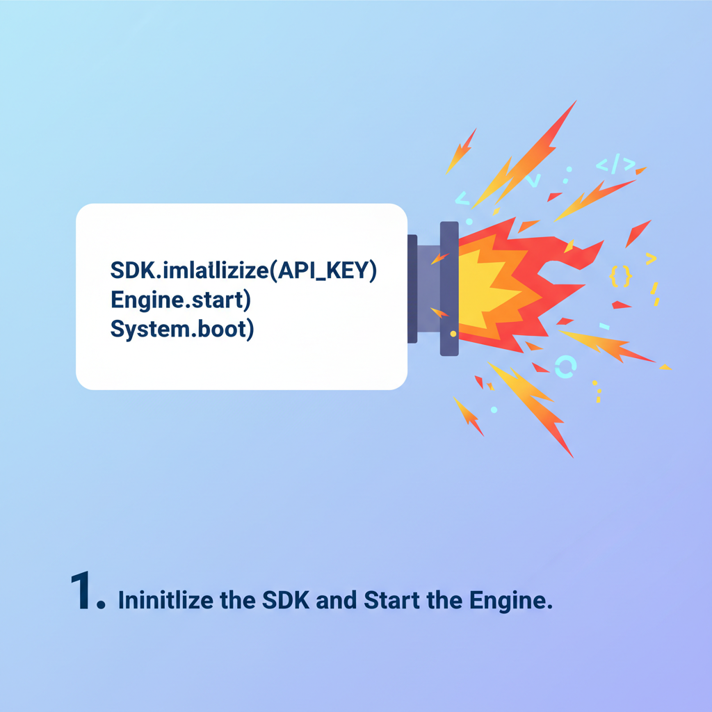 Code snippet initializing SDK, fiery engine startup animation, explosive code particles