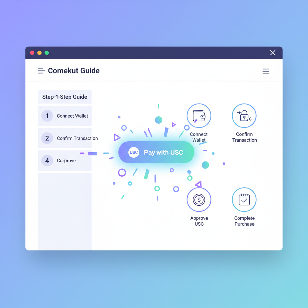 E-commerce checkout page with glowing USDC button, one-click explosion effect, sleek Web3 design