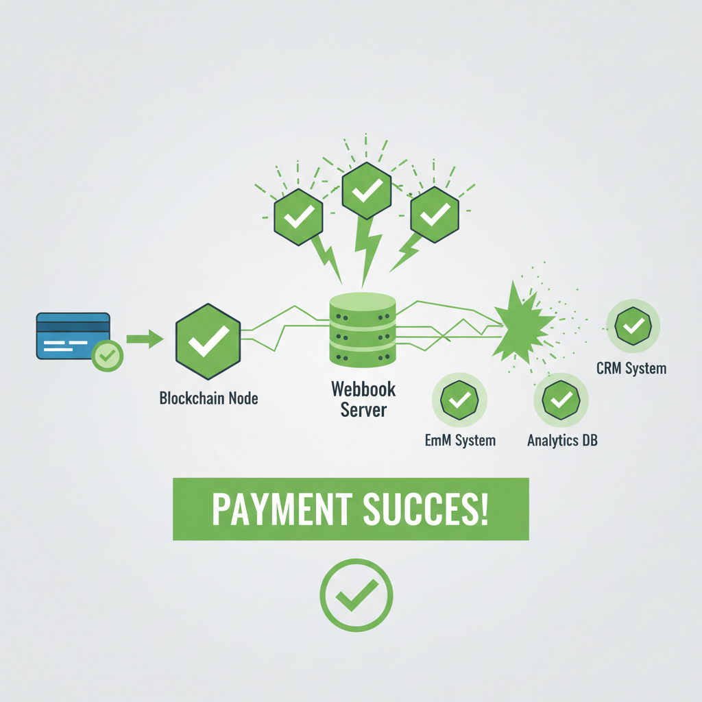 Payment success webhook flow, chain reaction of green checkmarks, blockchain nodes connecting explosively