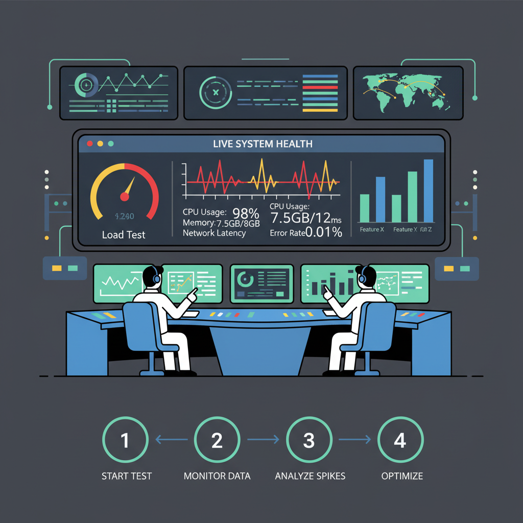 Testing dashboard with live metrics, graphs spiking, war room command center vibe