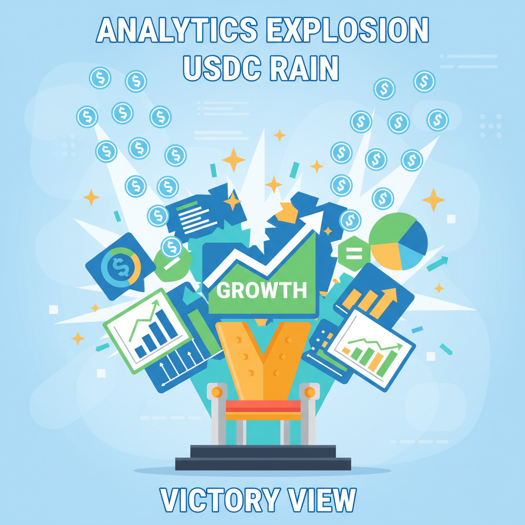 Analytics dashboard exploding with growth charts, USDC coins raining, victory throne view