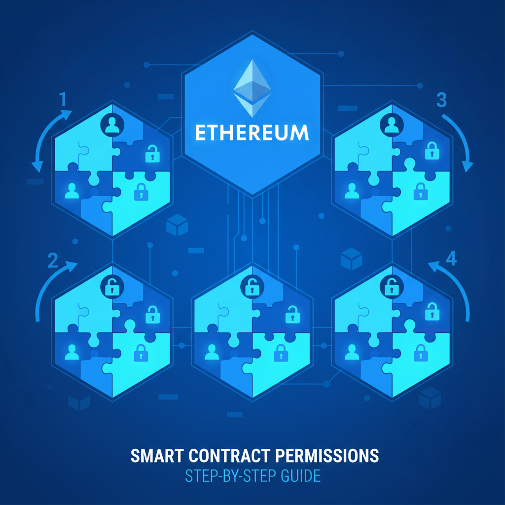 ethereum blockchain with granular permission locks on smart contracts, futuristic blue tones