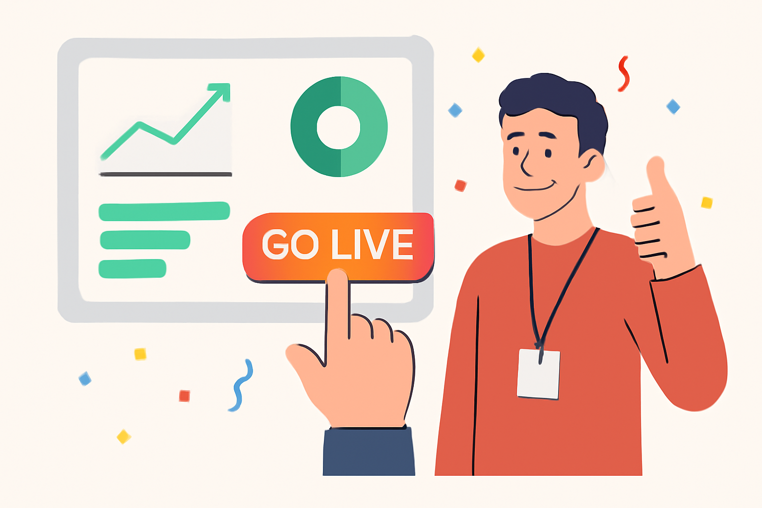 A celebratory scene with a developer giving a thumbs up in front of a dashboard showing healthy metrics and a 'Go Live' button being pressed.