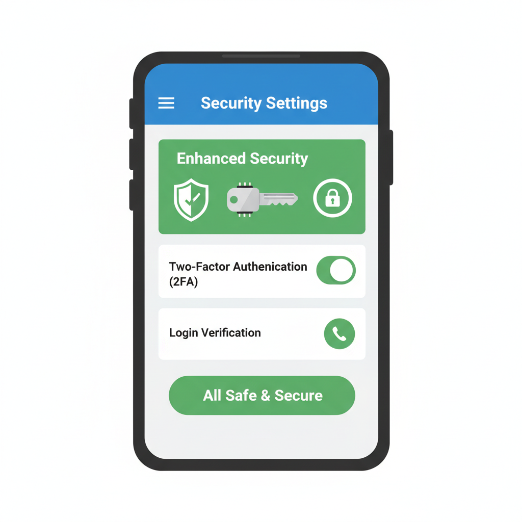 Coinbase app interface with security settings enabled, 2FA YubiKey icon, safe lock shield