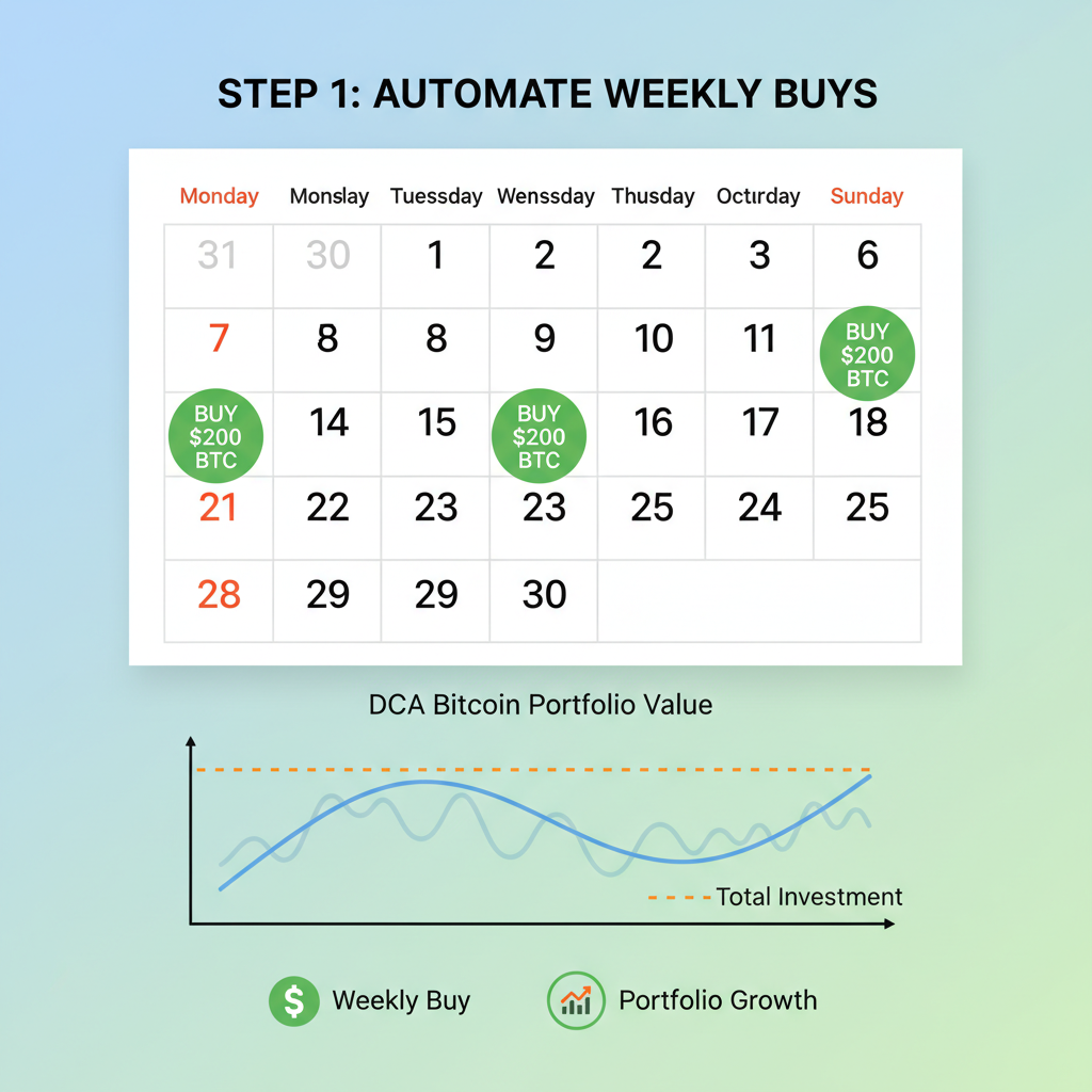Calendar with 6 weeks marked, weekly $200 Bitcoin buys, DCA graph smoothing volatility