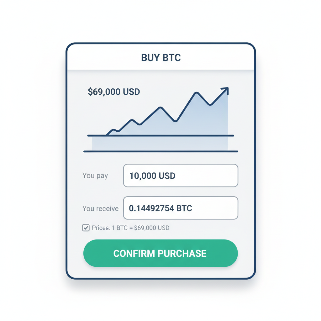 Coinbase trade screen buying BTC at $69K, USD to Bitcoin conversion, green confirmation button
