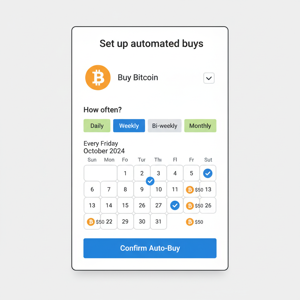 Coinbase recurring buy setup screen, automated weekly Bitcoin purchases calendar view