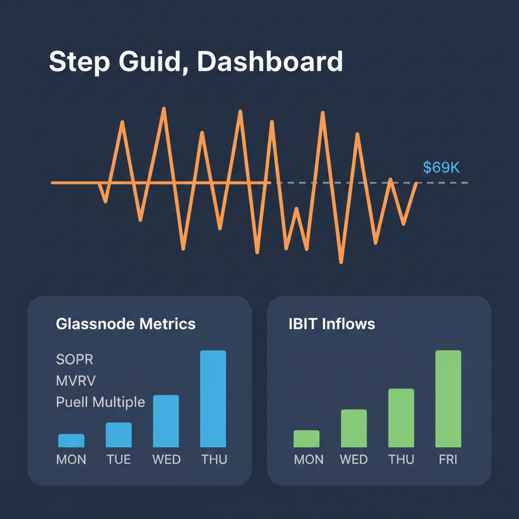 Dashboard monitoring BTC volatility chart at $69K, Glassnode metrics, IBIT inflows graph