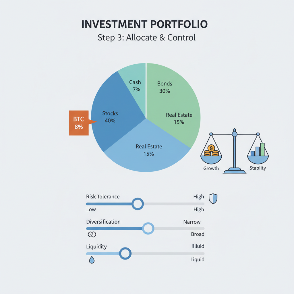 Portfolio pie chart with 5-10% BTC allocation, risk controls sliders, balanced investment scale