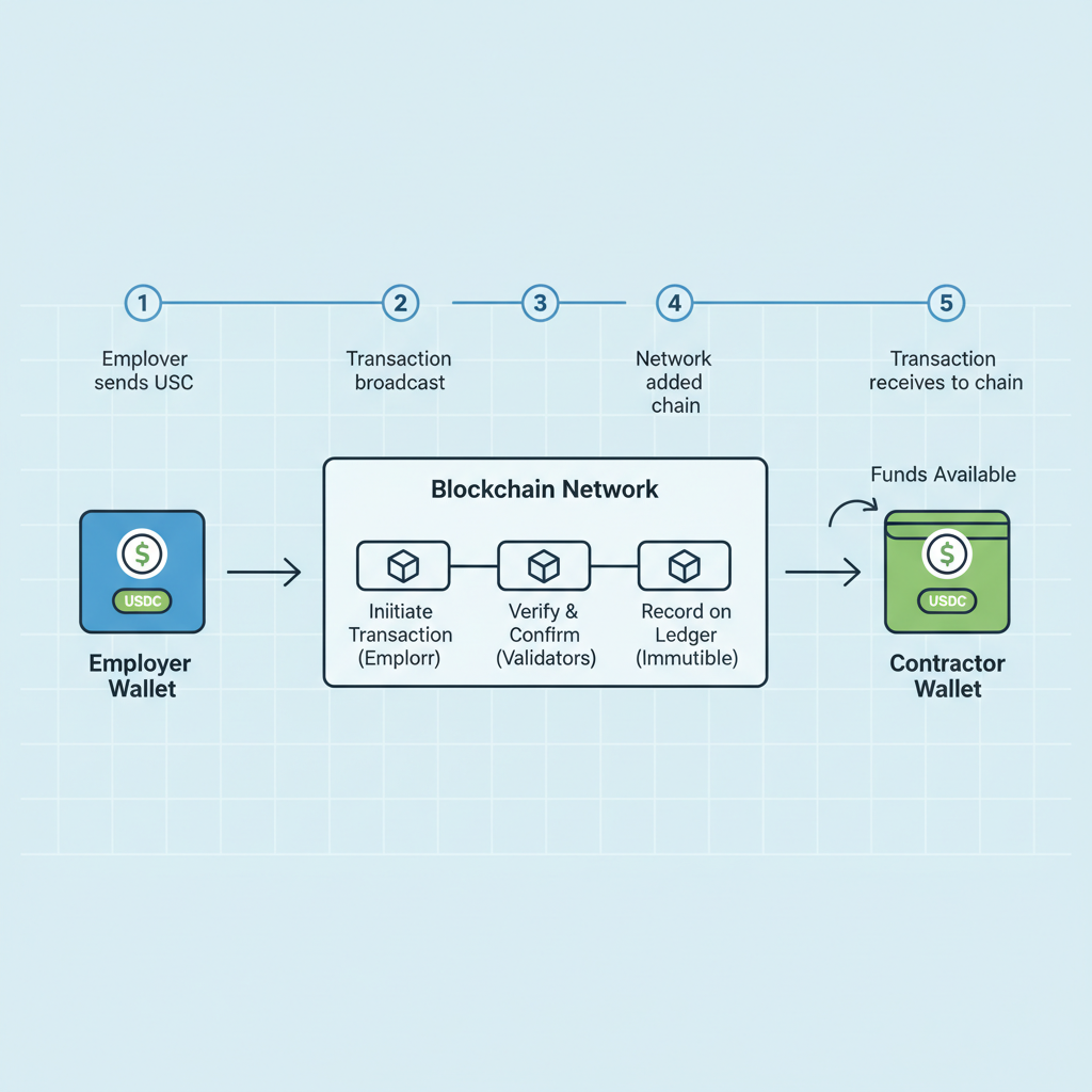blockchain transaction flow diagram with USDC tokens moving from employer to contractor wallets