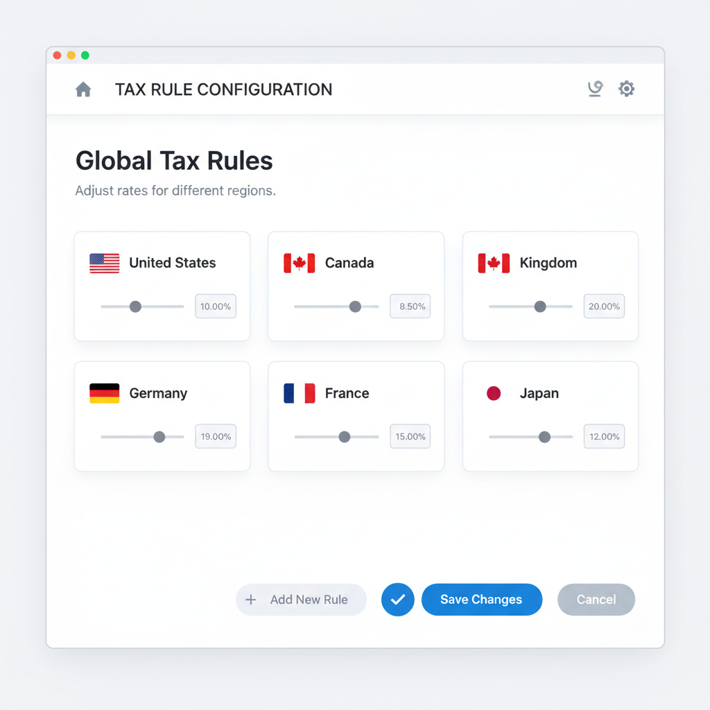dashboard screenshot style showing tax rule settings with country flags and percentage sliders