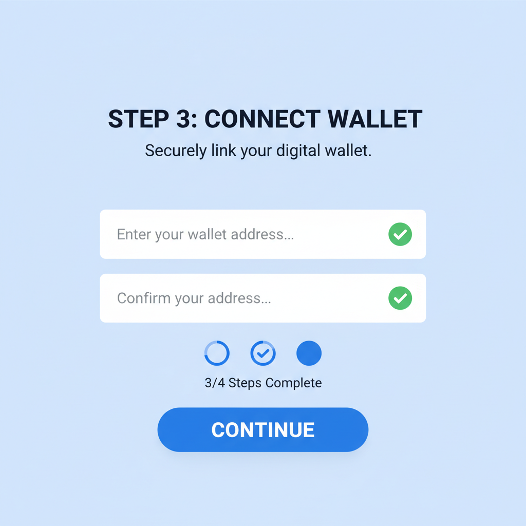 clean illustration of onboarding screen with wallet address input and verification checkmarks