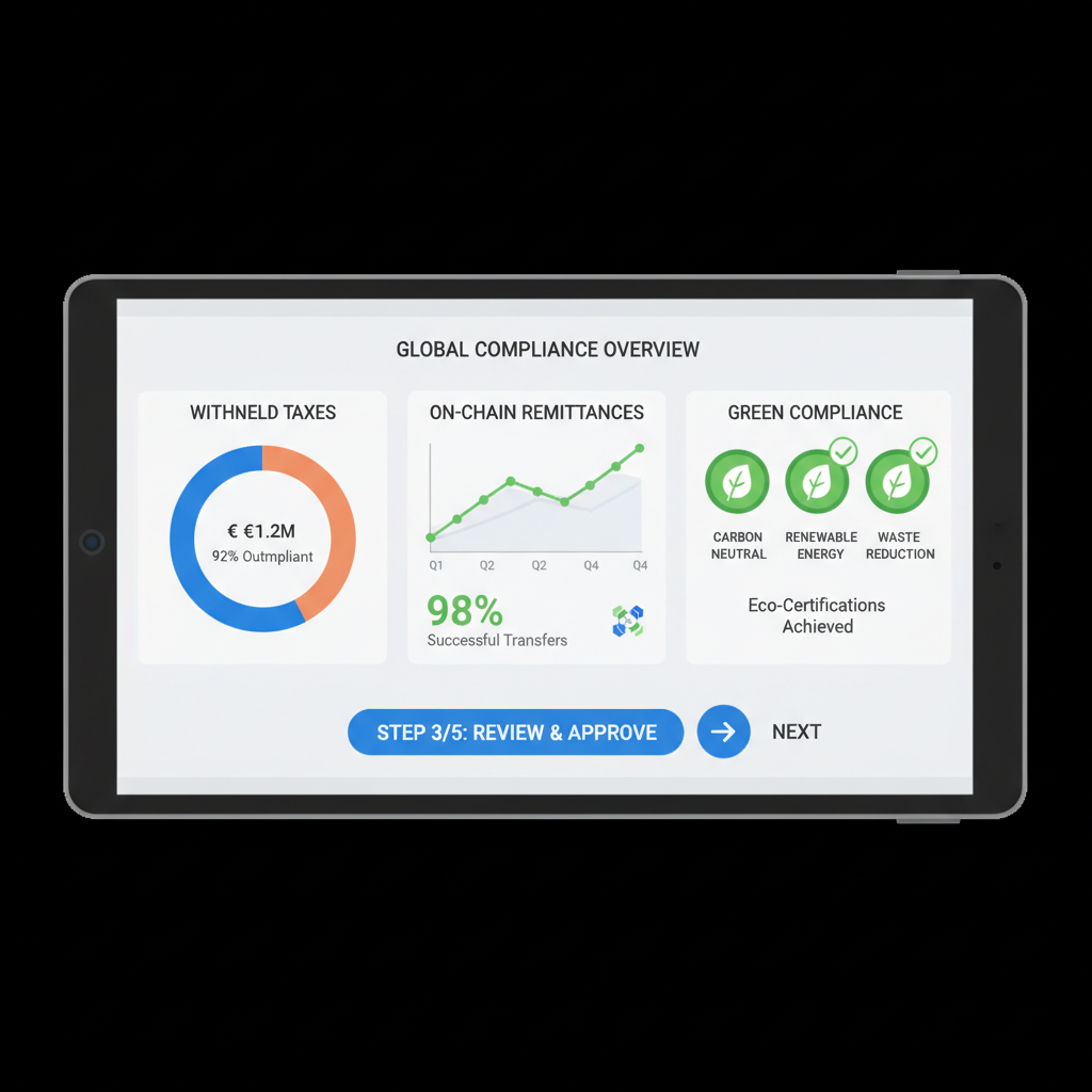 compliance dashboard with charts of withheld taxes, on-chain remittances, and green compliance badges