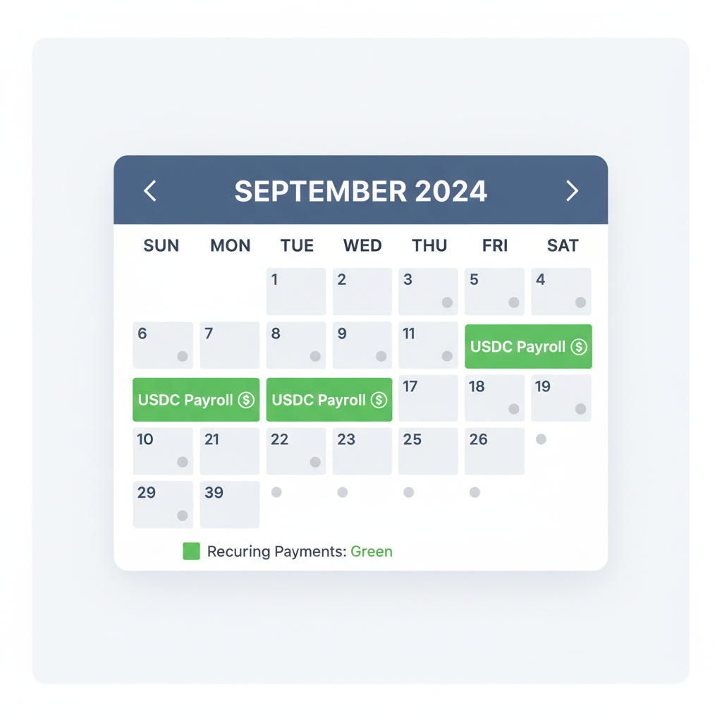 calendar interface with recurring payment schedules highlighted in green for USDC payroll