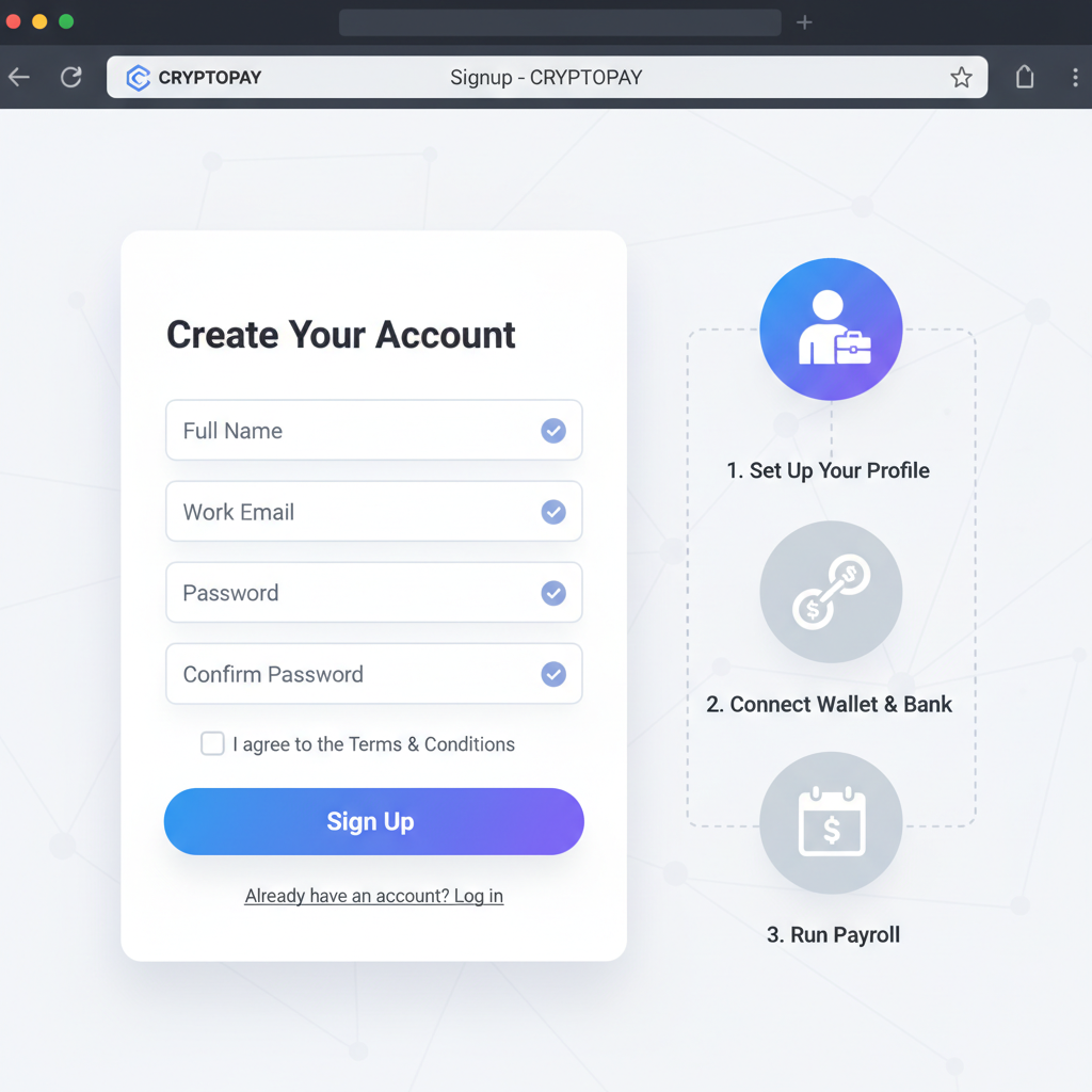 professional web dashboard signup page for crypto payroll platform, clean UI, verification icons