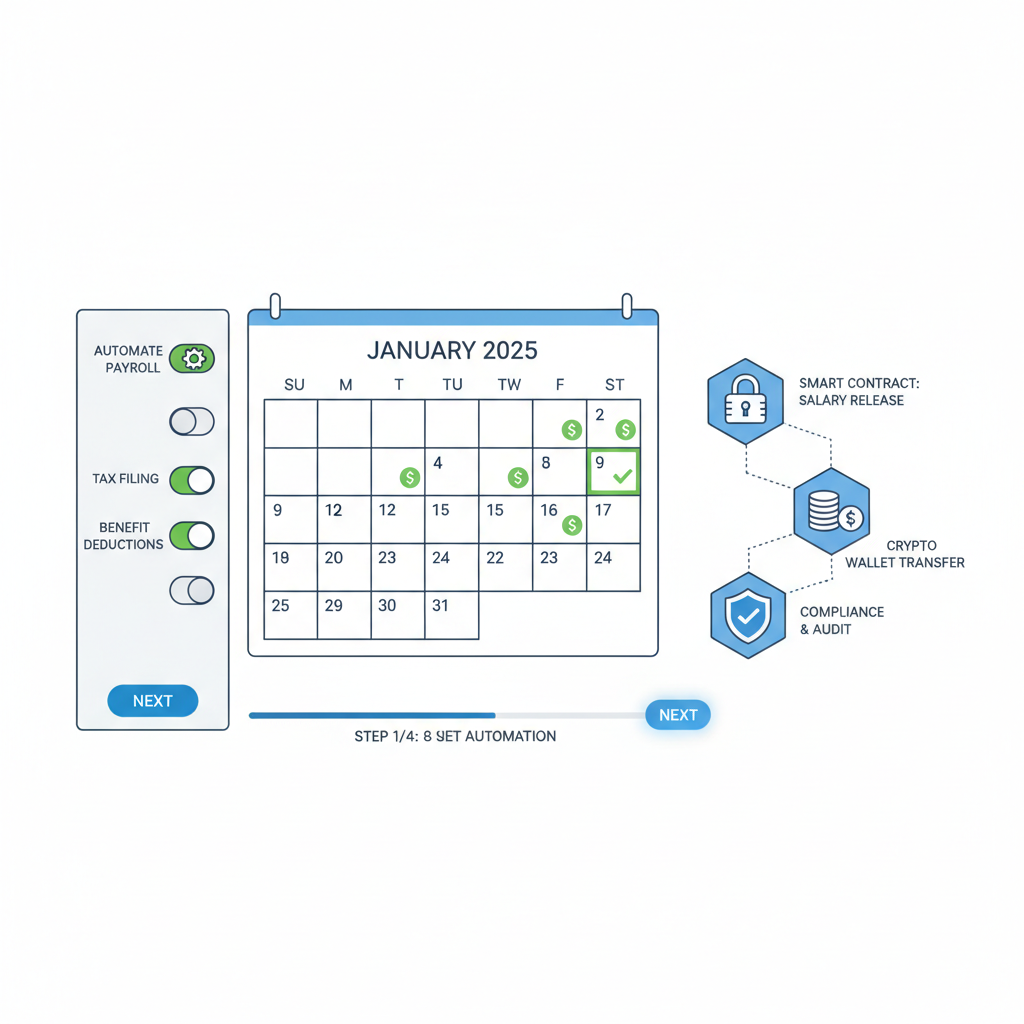 calendar scheduler for payroll with automation toggles, smart contract icons