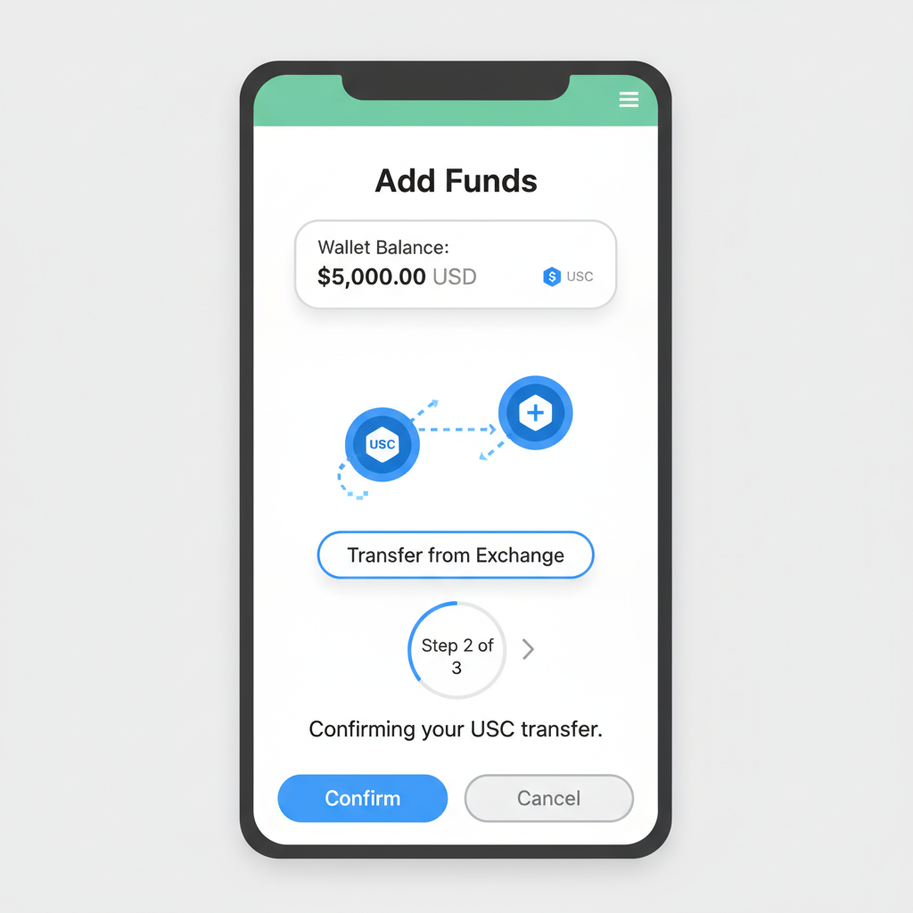 crypto wallet funding screen, USDC transfer animation, balance display