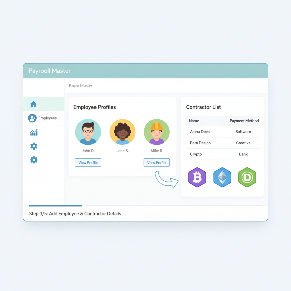 adding employee profiles in payroll software interface, contractor list table, crypto wallet icons